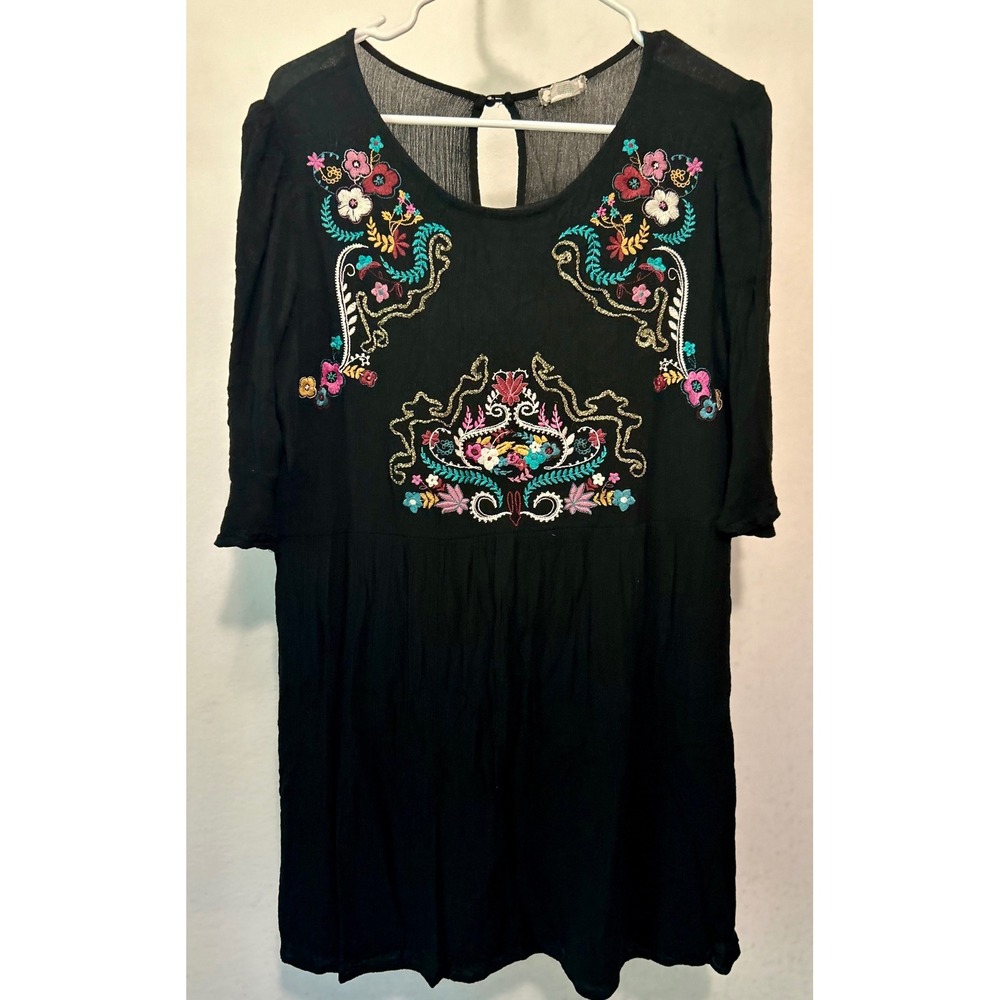 Eyeshadow Black Embroidered Floral Boho Mini Dress XL Rayon Bell Sleeve Babydoll